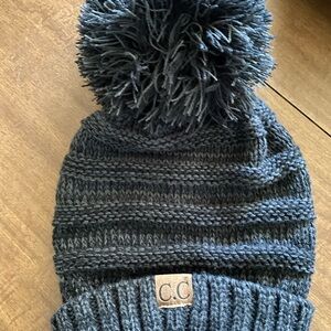 C.C Gray Ribbed Knit Beanie with Pom-Pom